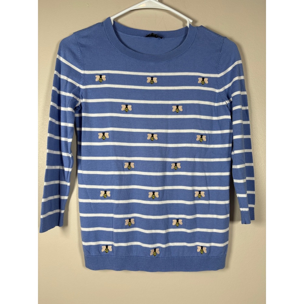 Talbots Petite Blue White Striped Bee Embroidered 3/4 Sleeve Sweater Novelty P
